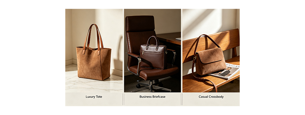 Display of handbags of different materials in different scenarios Display of handbags of different materials in different scenarios