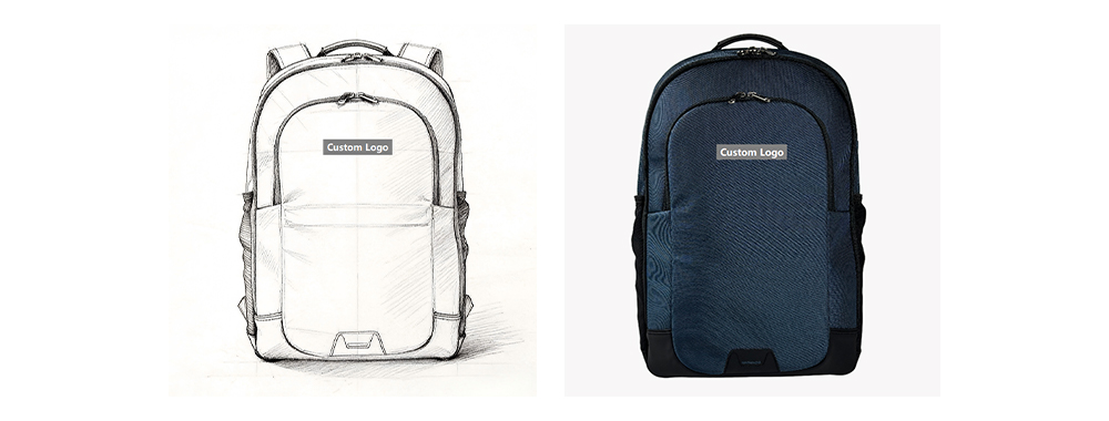 1. High end nylon backpack design draft vs. finished product